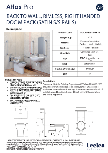 Atlas Pro Rimless DeLuxe Back to Wall DocM Pack Right Hand 40cm Basin Stainless Steel Rails Data Sheet