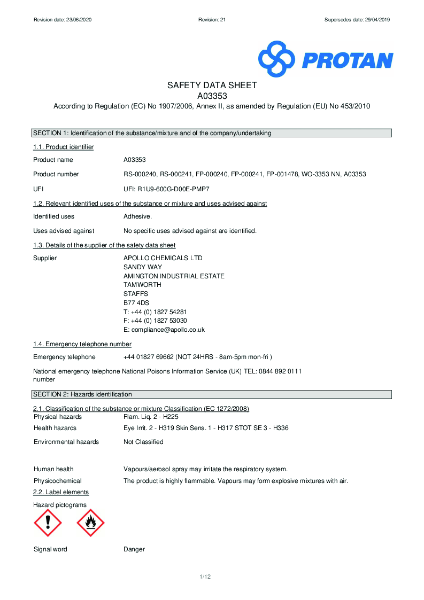 Protan (UK) Ltd Bonding Adhesive Safety Data Sheet (G membrane) - Roller Applied