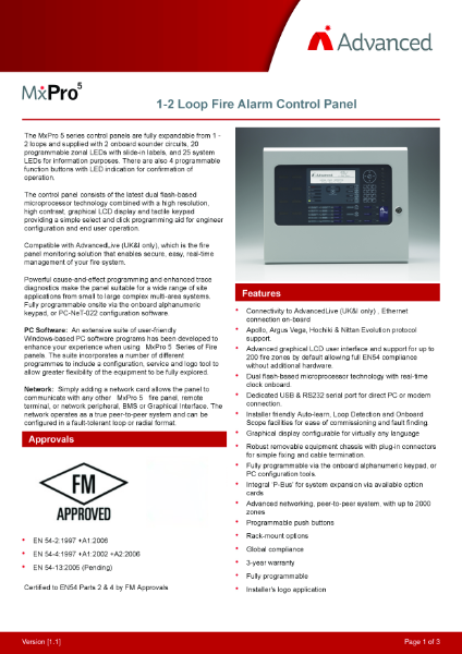 Datasheet - MxPro 5 Fire Alarm Control Panel 1-2 Loops