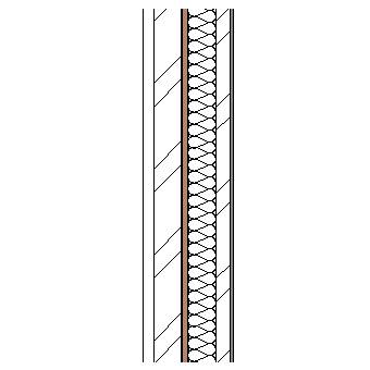 Composite stone panel with metal frame, weather barrier, particleboard insulation, steel frame and plasterboard lining