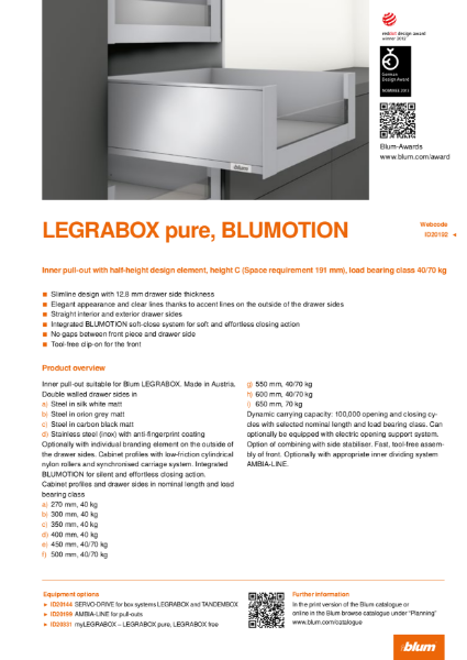 LEGRABOX pure BLUMOTION C Height Pull-out with Half Height Design Element Specification Text