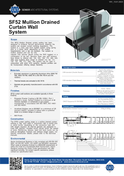 SAS SF52 Fully Capped Mullion Drained Technical Datasheet