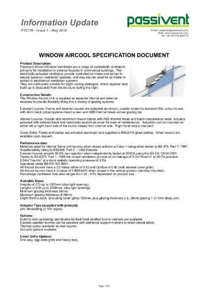 Passivent Specification Document - Aircool Window Ventilator - Standard version