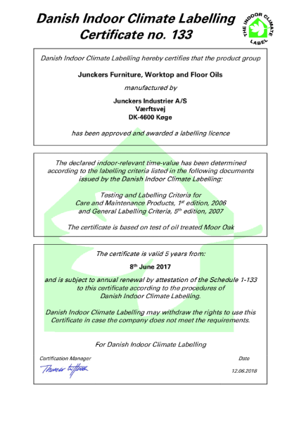 Indoor Climate certificate - Junckers furniture, worktop and floor oil