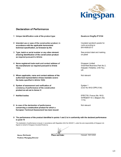 QuadCore KingZip Roof Panel – Product Data Sheet