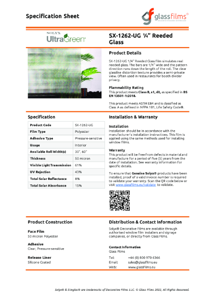 SX-1262-UG 1/4" Reeded Glass Specification Sheet