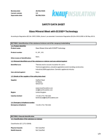 Glass Mineral Wool with ECOSE® Technology - Safety Datasheet