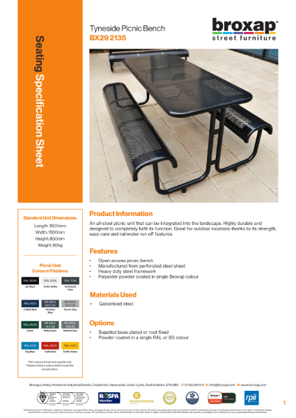 Tyneside Picnic Bench Specification Sheet