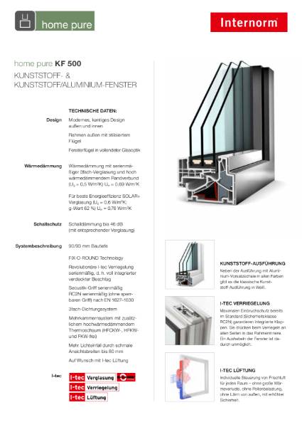 UPVC Aluminium Window KF500 Home Pure Data Sheet