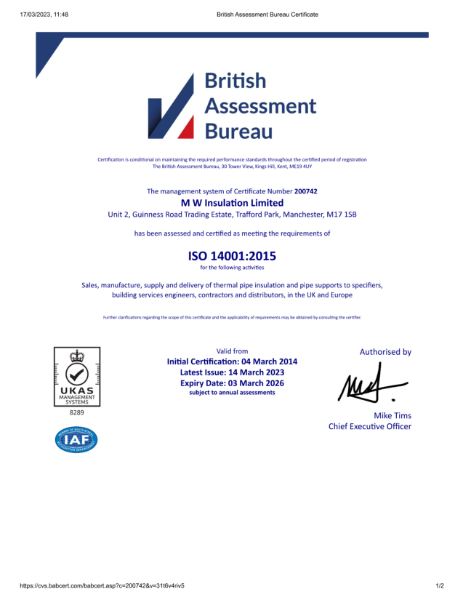 MW Insulation ISO14001 certificate