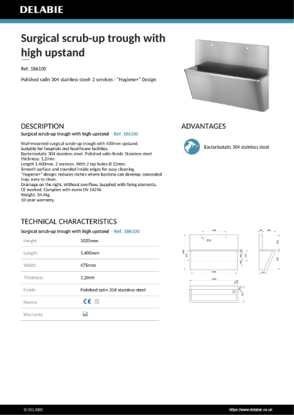 Surgical Scrub-Up Trough, High Upstand, 1 Tap Hole Data sheet - 186100