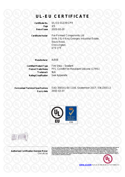 PFC Corofil Fire Resistant Silicone CFRS - UL-EU Certificate: UL-EU-01239-CPR