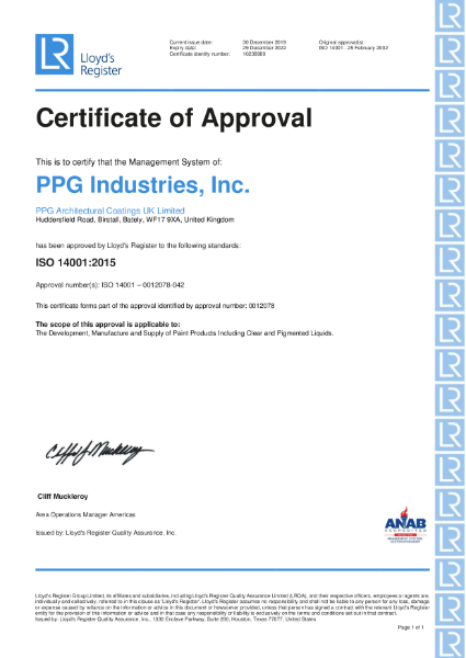 PPG Architectural Coatings - ISO Certificate of Approval - ISO 14001:2015