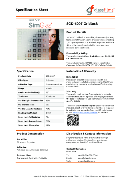 SGD-6007 Gridlock Specification Sheet