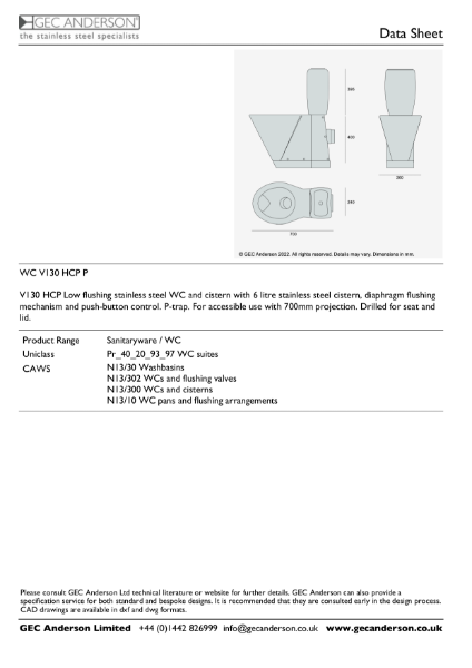 GEC Anderson Data Sheet - WC V130 HCP P