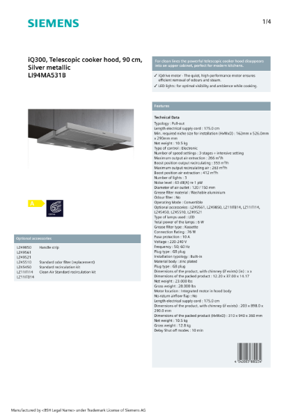 iQ300, Telescopic cooker hood, 90 cm, Silver metallic LI94MA531B