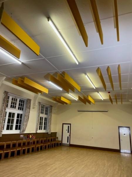 Reducing echo and reverberation in a church hall with Acoustic Ceiling Baffles