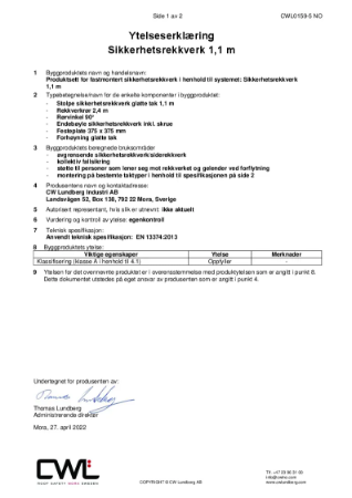 Ytelseserklæring - Sikkerhetsrekkverk 1,1 m