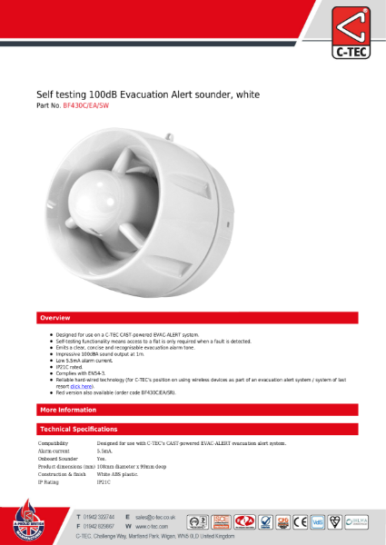 Datasheet for C-TEC's BF430C/EA/SW Self testing 100dB Evacuation Alert sounder, white