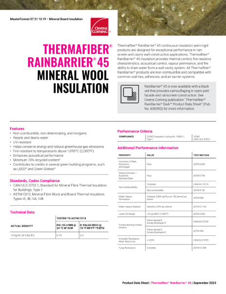 Thermafiber RainBarrier 45 Mineral Wool Insulation Data Sheet
