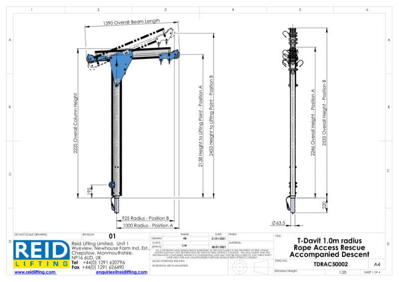 1m Rope Access Davit Arm Data Sheet