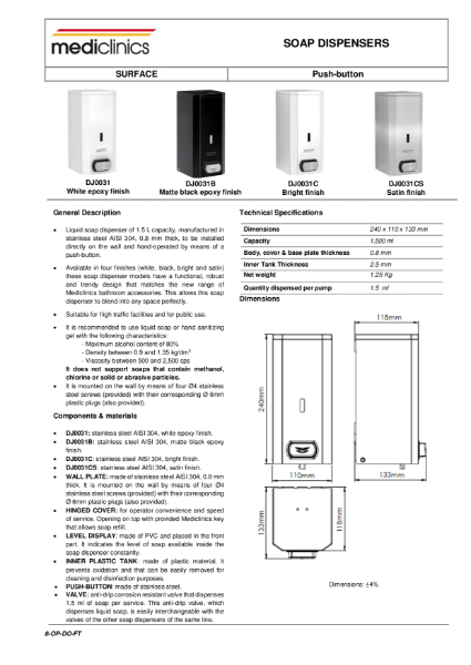 Soap Dispenser Spec Sheet - Mediclinics Surface Mounted Push-Button Liquid Soap Dispenser DJ0031_B_C_CS