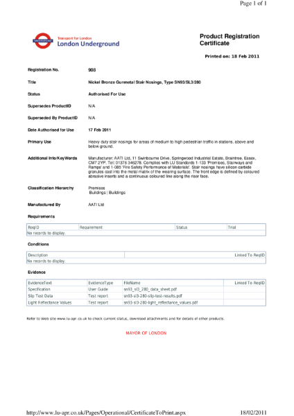 AATi certificate for product ref: SN93/SL3/280