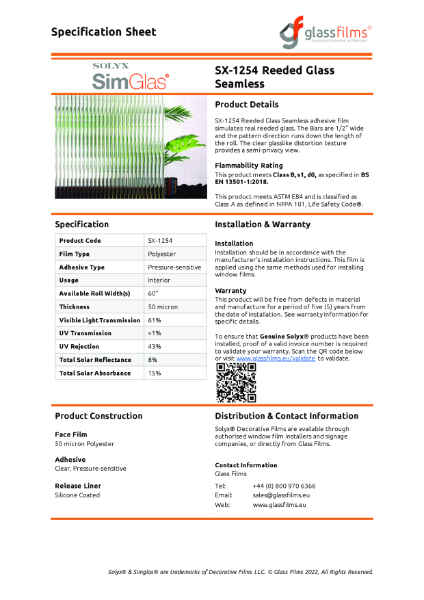 SX-1254 Reeded Glass 1/2" Seamless Specification Sheet