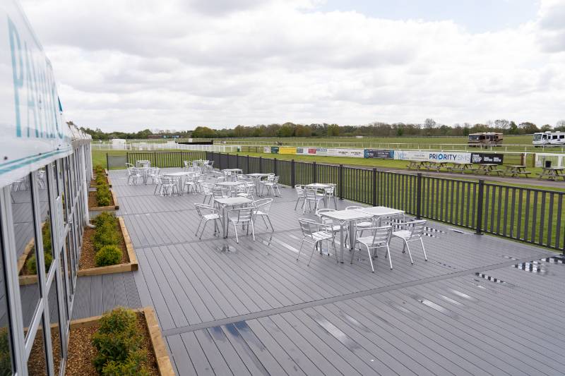 Stratford-upon-Avon Racecourse - Rustic Decking, Grey Hollow & Solid Contemporary Decking, Balustrades & Saige Subframe