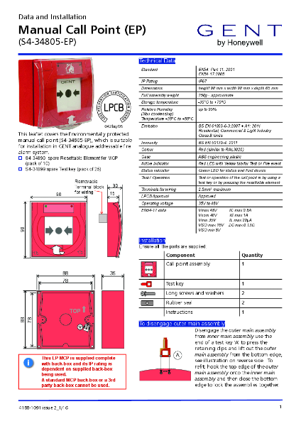 Honeywell Gent S4-34805-EP, Environmentally Protected Manual Call Point Installation Instructions