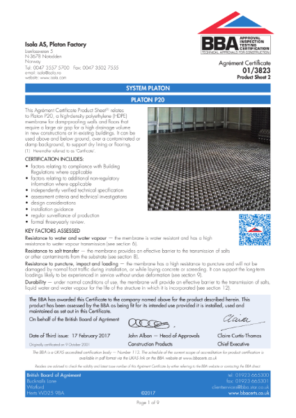 BBA Certificate 01/3823_2 System Platon - Platon P20