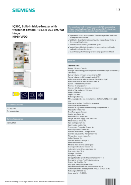 iQ300, Built-in fridge-freezer with freezer at bottom, 193.5 x 55.8 cm, flat hinge KI96NVFD0