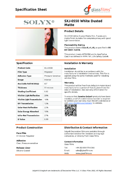 SXJ-0550 White Dusted Matte Specification Sheet