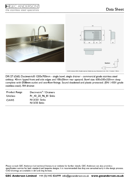 GEC Anderson Data Sheet - DR127 (G65)R Single Bowl With Drainer