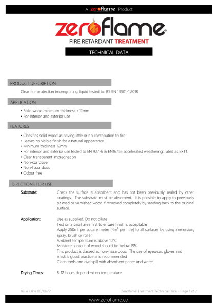 Zeroflame Fire Retardant Treatment Data Sheet