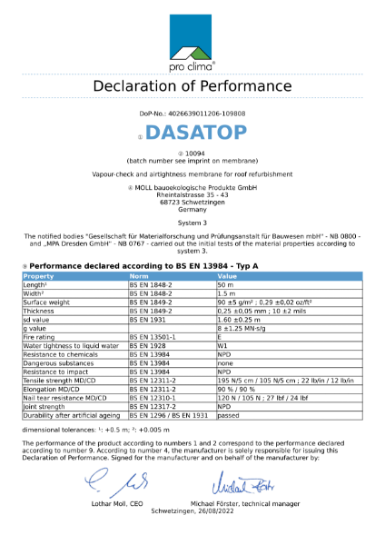 Dasatop Declaration of Performance (DOP)