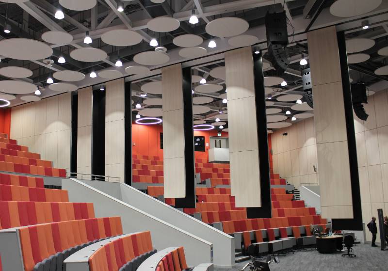 Dorma Variflex Fully automatic Comfortdrive Acoustic moveable wall Breath-taking Stepped Divide for University Auditorium installed and maintained by Style