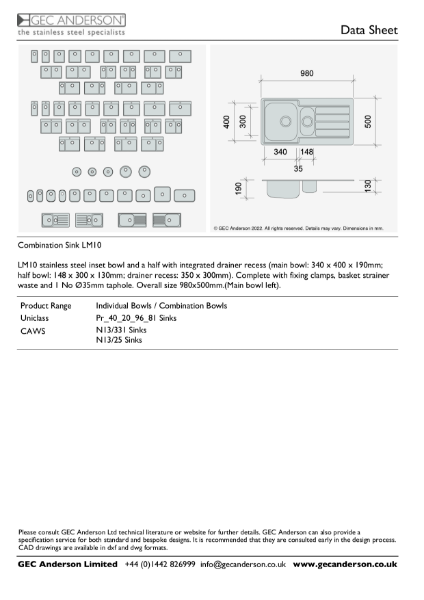 GEC Anderson Data Sheet - Sink Bowl: LM10 L