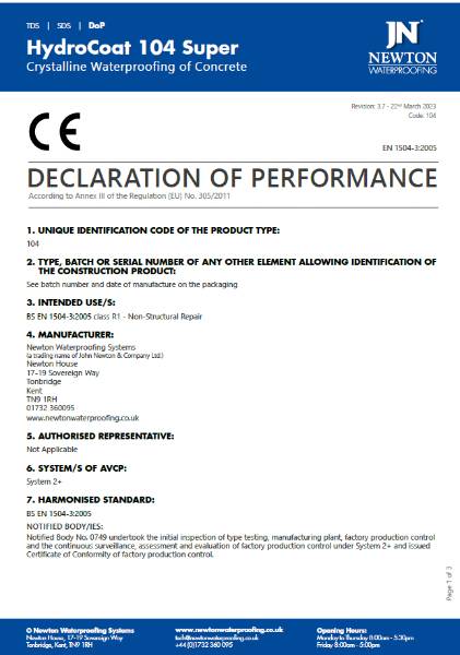 Newton HydroCoat 104 Super - Declaration of Performance