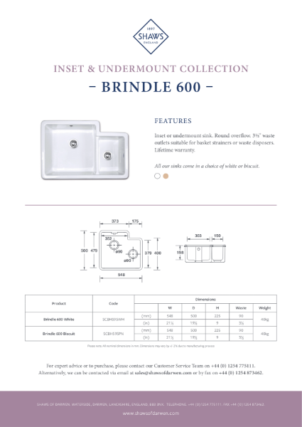 Brindle 600 Single Bowl Kitchen Sink - PDS