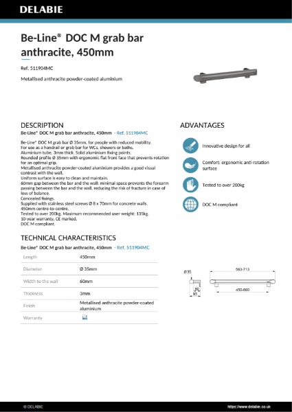 Be-Line® Grab Bars - Anthracite, 450 mm Doc M Product Data Sheet