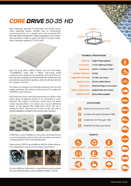 CORE DRIVE 50 35 HD Gravel Stabiliser Specification Sheet