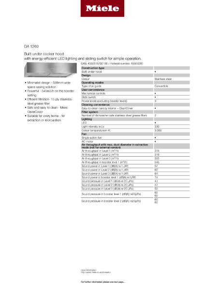 Miele DA 1260 Product Spec Sheet