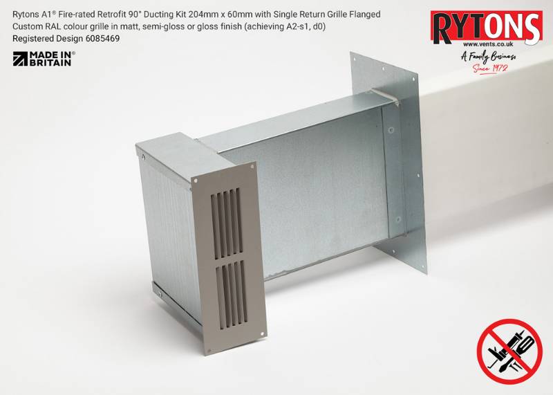 Rytons A1 Fire-rated Retrofit 90° Ducting Kit 204mm x 60mm with Single Air Brick