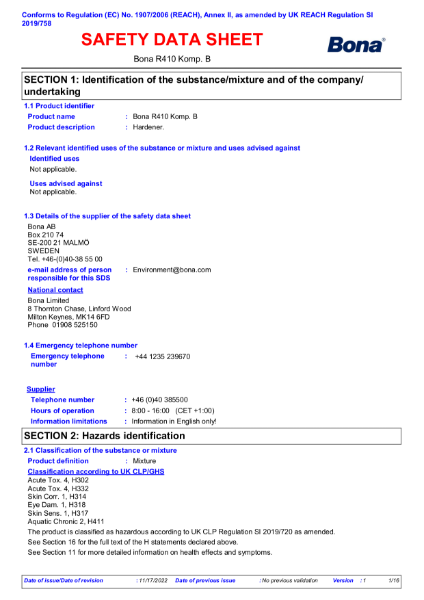 Bona R410 - Component B Safety Data Sheet