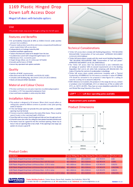 Plastic Hinged Loft Door 1169 Datasheet