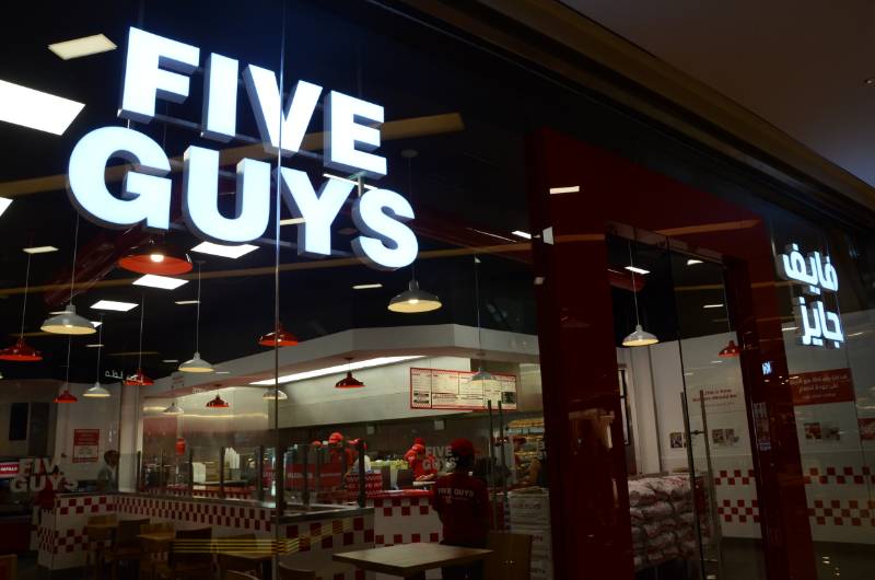 Five Guys Restaurant, Dubai Marina Mall. FireMaster Concertina multi-side fire curtain