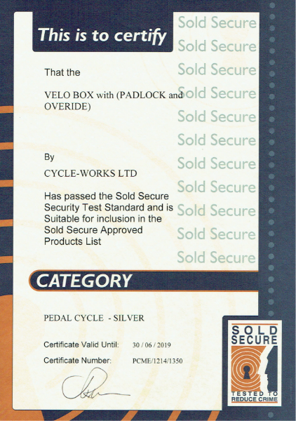 Sold Secure Certificate-Velo-Box locker-padlock