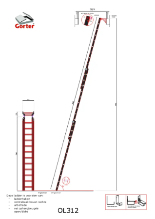 Gorter Ladder OL312 for Roof Hatch - max floor height 7395 mm – Technical 2D Drawing