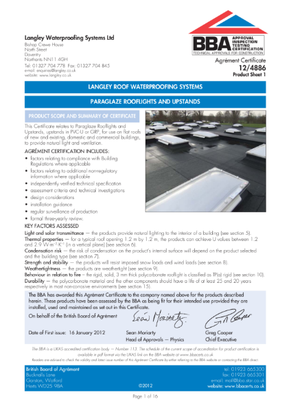 Paraglaze Rooflights and Upstands BBA Certificate